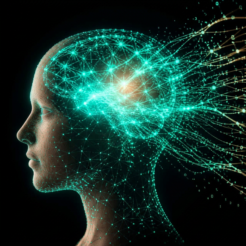Neural network head visualization representing Brainova's mental intelligence layer