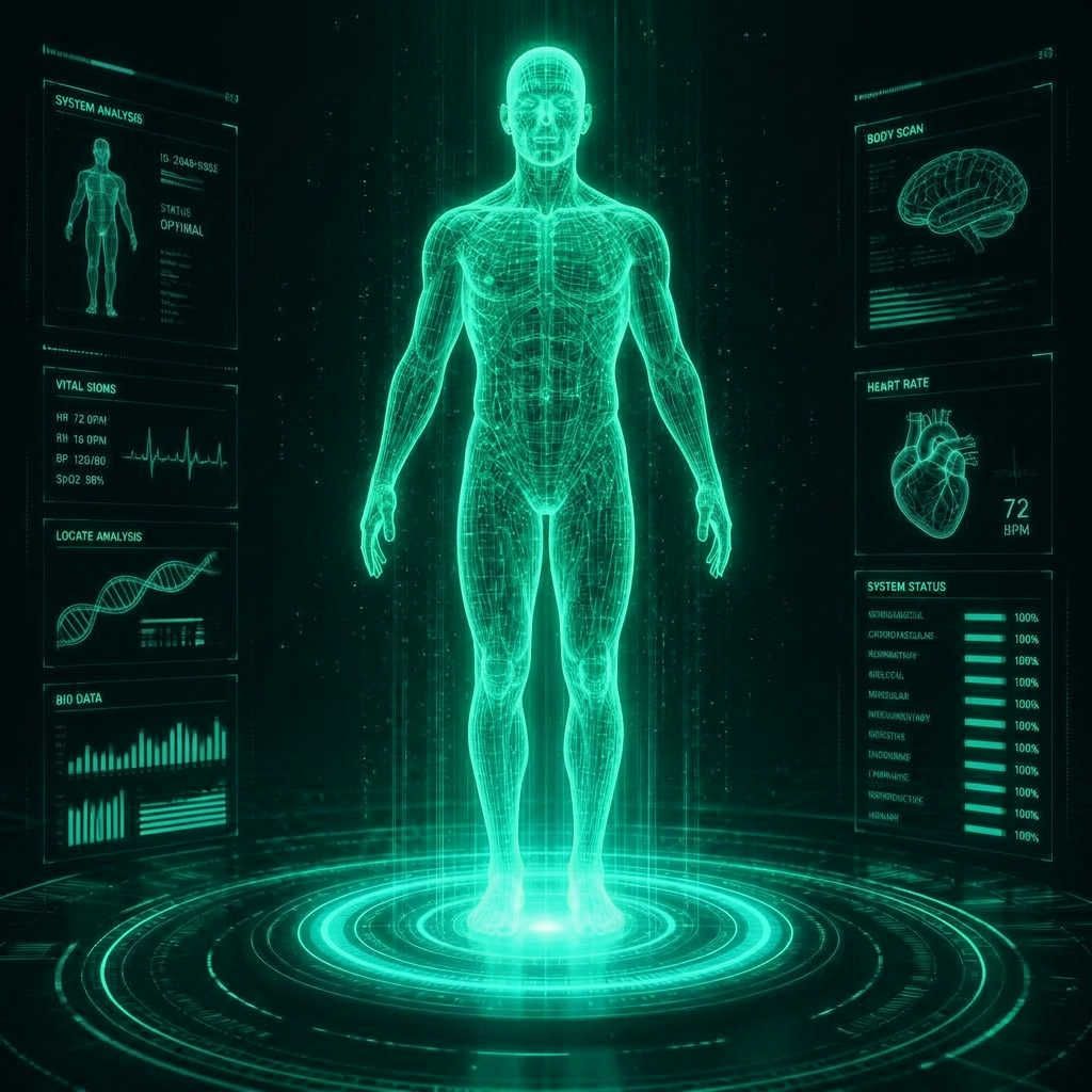 Holographic digital twin of a human body tinted in Brainova's teal